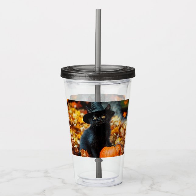 Vaso Acrílico Gato negro de Halloween y calabaza (Anverso)