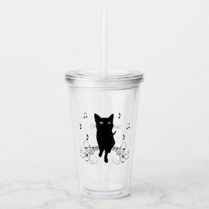 Vaso Acrílico Gato negro rodeado de notas susurrantes de música