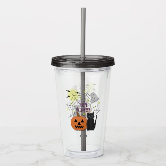 Vaso Acrílico Gato negro y calabaza no asusta Halloween (Anverso)