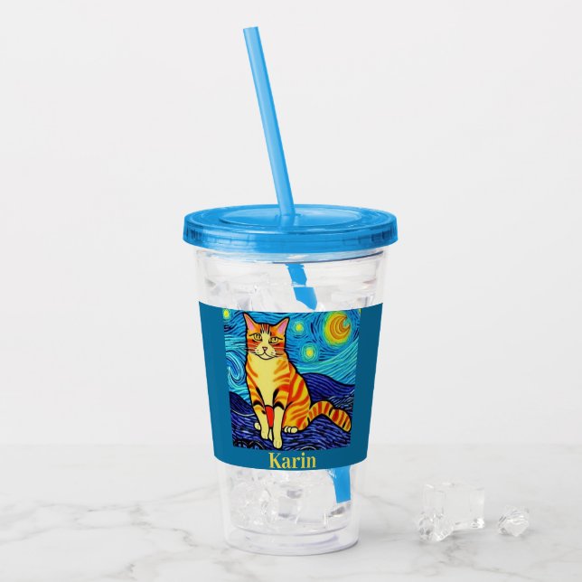 Vaso Acrílico gato noche estrellada personalizado (Anverso (hielo))