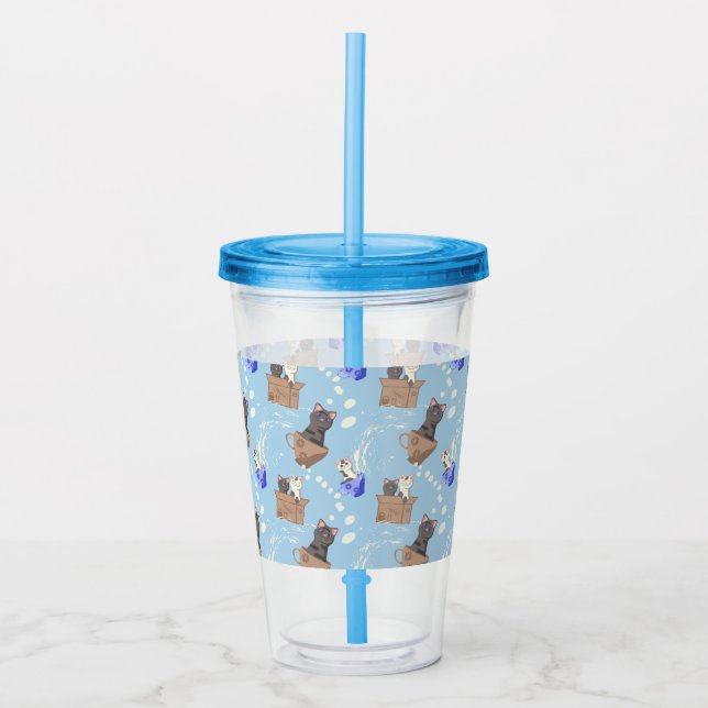 Vaso Acrílico Gatos en caja y gotas de leche en azul (Anverso)
