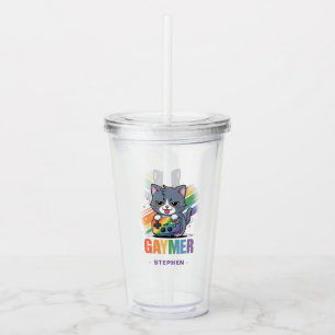 Vaso Acrílico Gaymer - Gato de juegos de arcoiris con consola