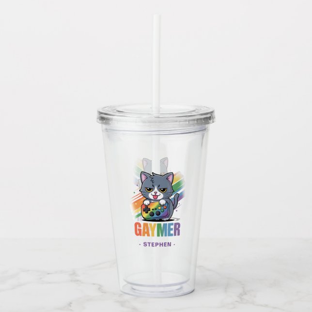 Vaso Acrílico Gaymer - Gato de juegos de arcoiris con consola |  (Anverso)