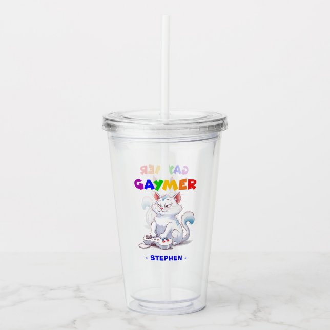 Vaso Acrílico Gaymer - Gato de juegos de arcoiris con consola |  (Anverso)