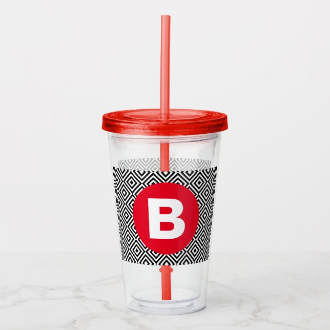 Vaso Acrílico Geometric Black and White Pattern Red Monogram (Anverso)