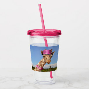 Vaso Acrílico Girafa en un gorra rosa brillante