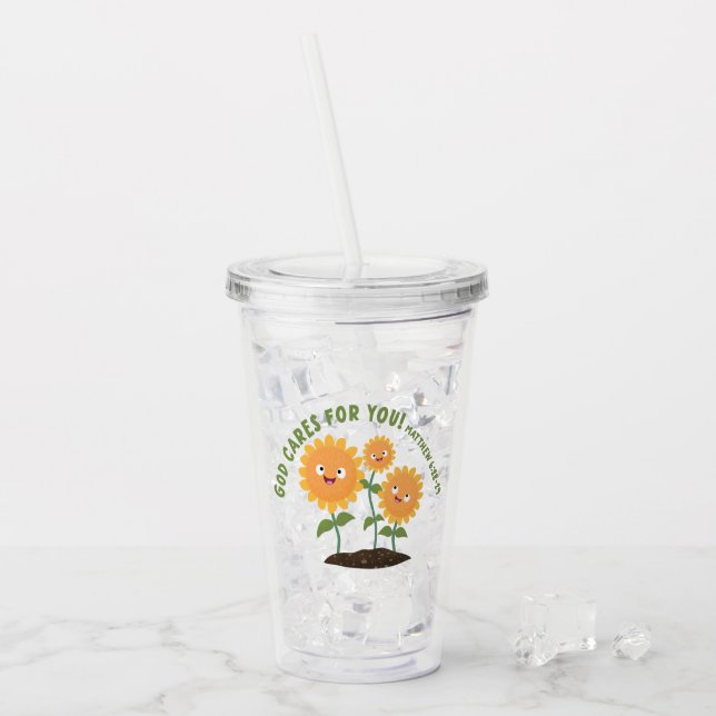 Vaso Acrílico Girasoles lindos Dios cuida versículo de la Biblia (Anverso (hielo))