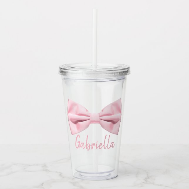 Vaso Acrílico Girly Pink Bow With Name Preppy Custom 16oz, Clear (Anverso)