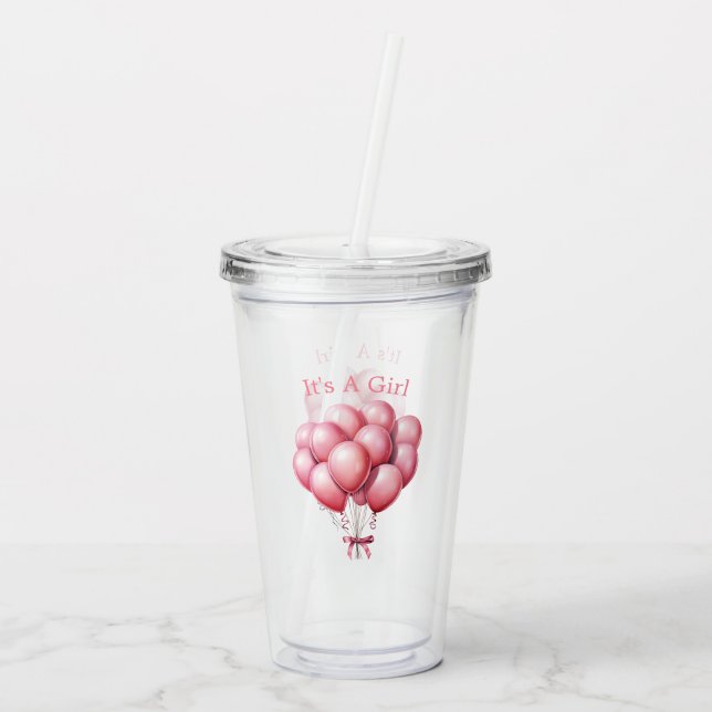 Vaso Acrílico Globos rosados color agua es un Chica (Reverso)