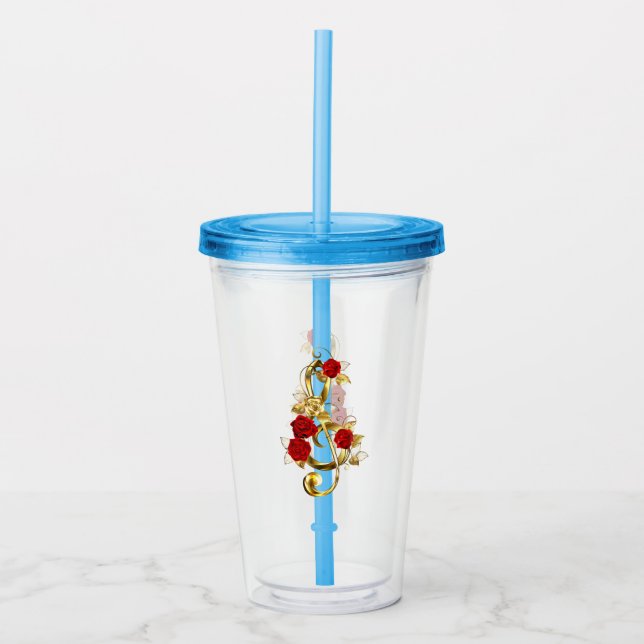 Vaso Acrílico Golden Treble Clef con flores Rosas (Anverso)