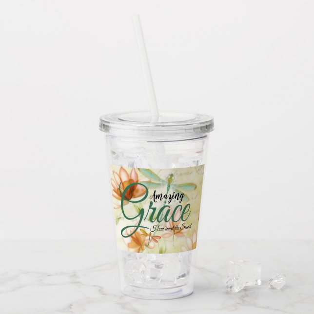 Vaso Acrílico Gracia asombrosa Flores y libélula   (Anverso (hielo))