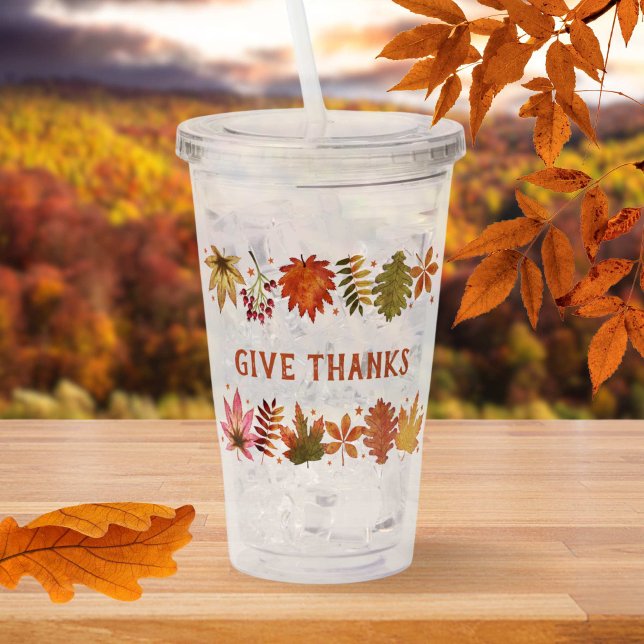 Vaso Acrílico Gracias Caída de Otoño Saltos Acción de Gracias (Give Thanks Autumn Fall Leaves Thanksgiving Acrylic Tumbler)