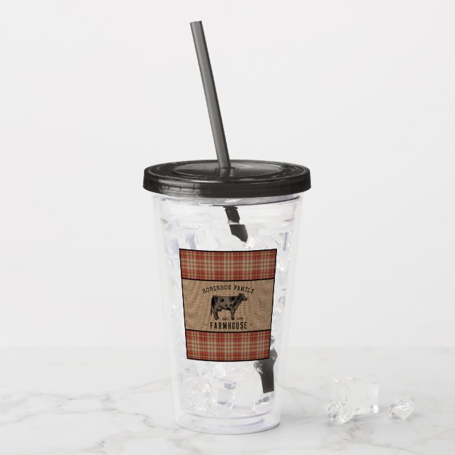 Vaso Acrílico Granja de familia Rústica Vaca Red Plaid Burlap (Anverso (hielo))