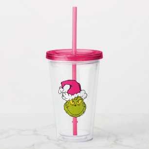 Vaso Acrílico Grinch con sombrero rosa de Santa