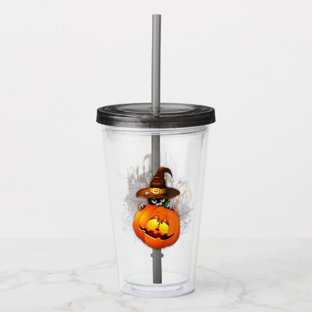 Vaso Acrílico Halloween Curte Kitty Witch and Pumpkin Friend (Anverso)