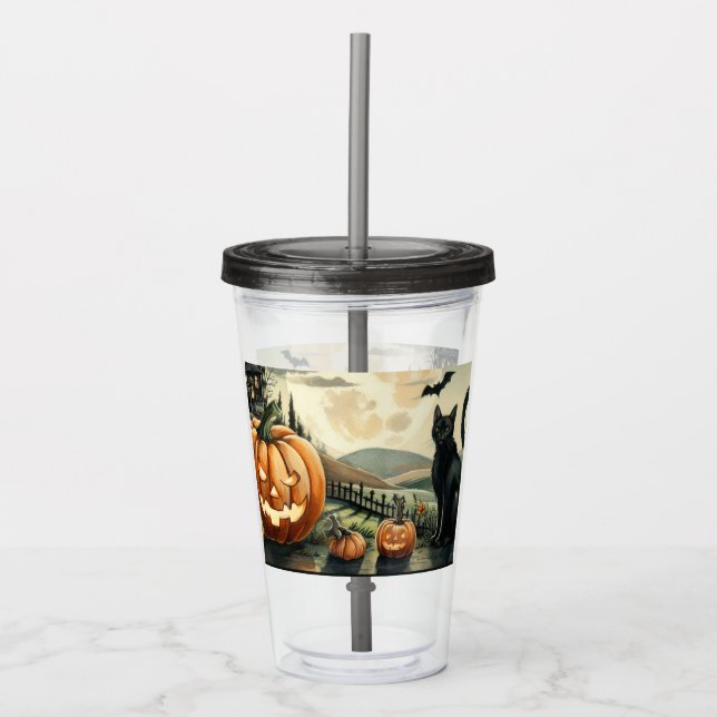 Vaso Acrílico Halloween/otoño/otoño/otoño/calabaza/gato (Anverso)