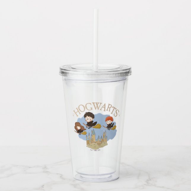 Vaso Acrílico HARRY POTTER™, Hermione y Ron vuelan sobre HOGWART (Anverso)