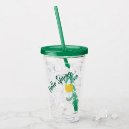 Vaso Acrílico hello spiring tulip flowers butterfly