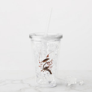 Vaso Acrílico Hermit Thrush Audubon Bird con Berries Rojas