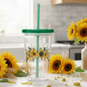 Vaso Acrílico Hermoso girasol floral acuarela amarilla