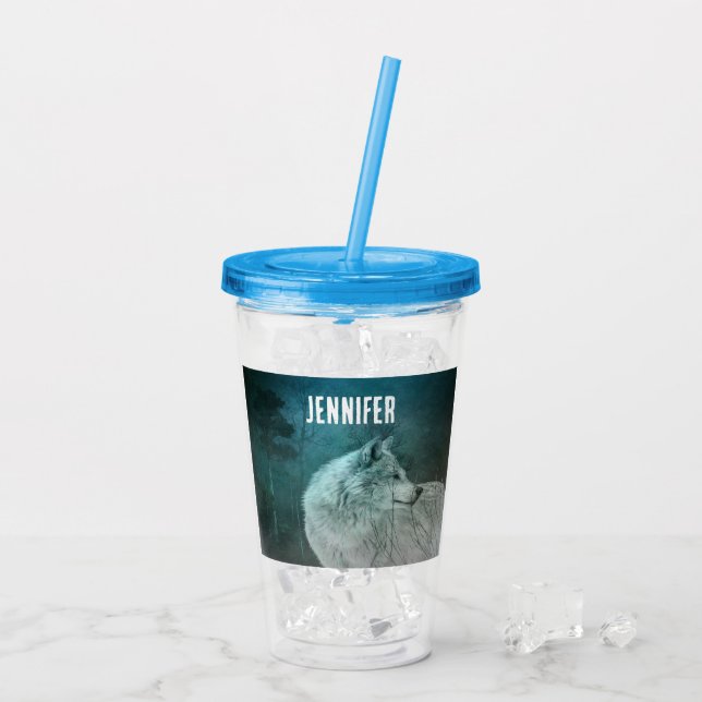 Vaso Acrílico Hermoso lobo gris en un bosque oscuro (Reverso (hielo))