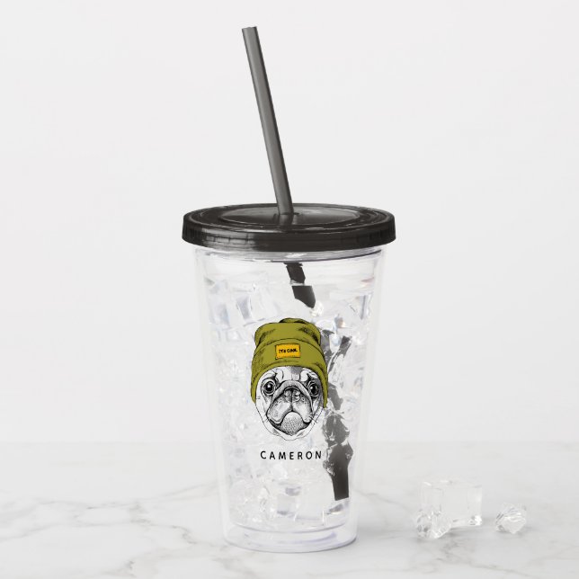 Vaso Acrílico Hipster Pug | Es Guay | Añadir su nombre (Anverso (hielo))