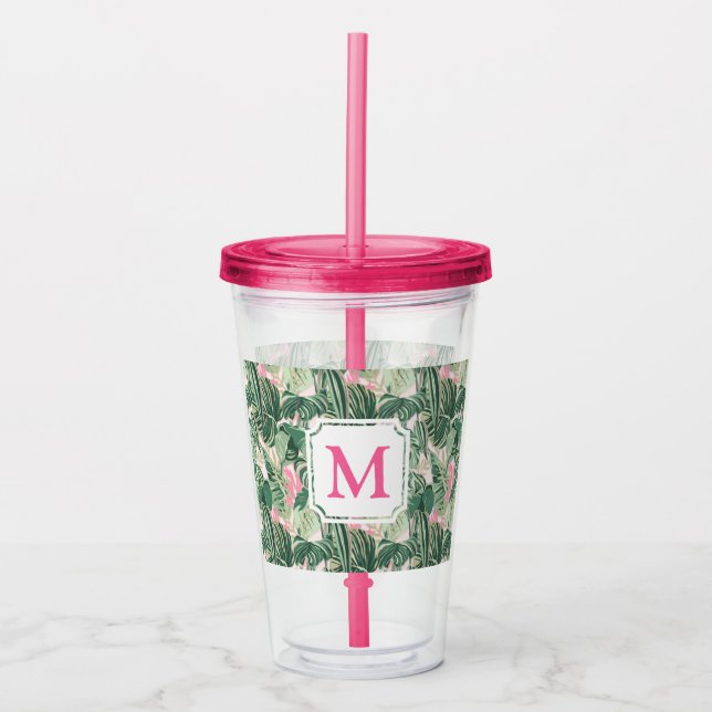Vaso Acrílico Hojas tropicales verdes y rosas | Monograma Cabana (Anverso)