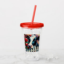 Vaso Acrílico Holstein Cow Picket Fence Red Roses Black Red