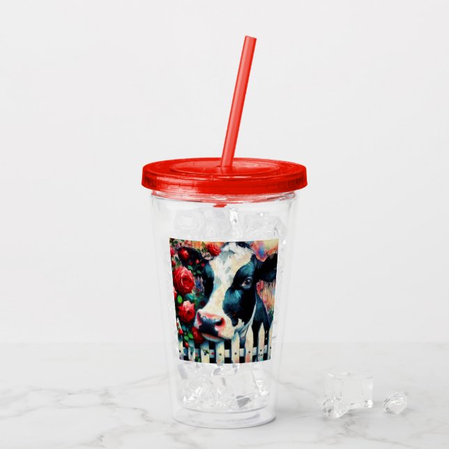 Vaso Acrílico Holstein Cow Picket Fence Red Roses Black Red (Reverso (hielo))