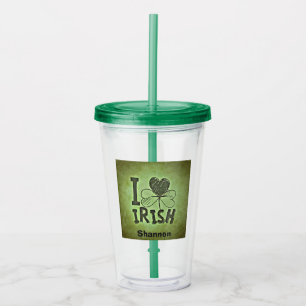 Vaso Acrílico I Heart Irish Shamrock Name Monogram Initials