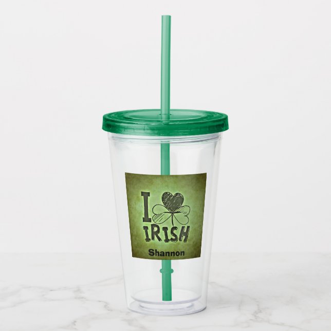 Vaso Acrílico I Heart Irish Shamrock Name Monogram Initials (Anverso)