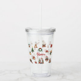 Vaso Acrílico Iconos Navideños Festivos en Acuarela para Tumbler