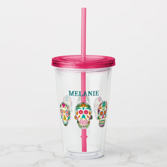 Vaso Acrílico Ilustracion de cráneo de azúcar personalizado (Anverso)
