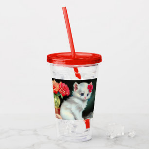 Vaso Acrílico Ilustracion de gatito blanco con flores rojas