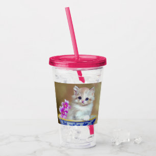 Vaso Acrílico Ilustracion de gatito blanco vintage