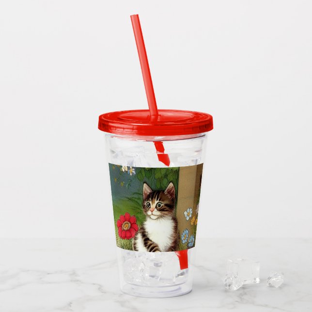 Vaso Acrílico Ilustracion de gato vintage con flores de primaver (Anverso (hielo))