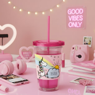 Vaso Acrílico Ilustracion rosa unicornio