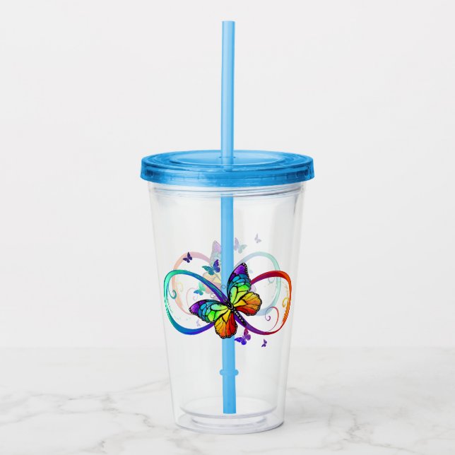 Vaso Acrílico Infinidad vibrante con mariposa arco iris sobre ne (Anverso)