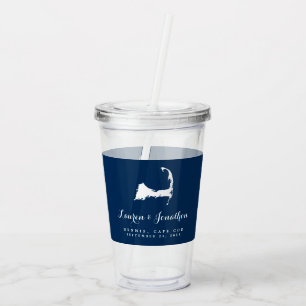 Vaso Acrílico Invitado Boda de mapa de bacalao azul y blanco de