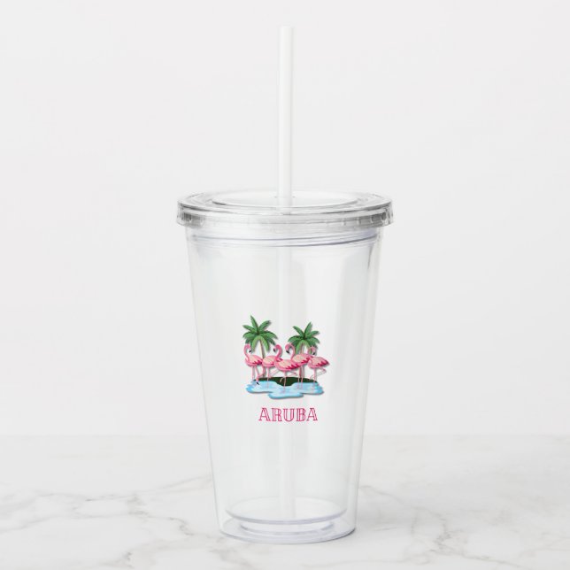 Vaso Acrílico Isla Flamingo Aruba | Tumbler de la Copa de Bebida (Anverso)