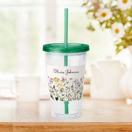 Vaso Acrílico Jardín de flores silvestres con nombre personaliza