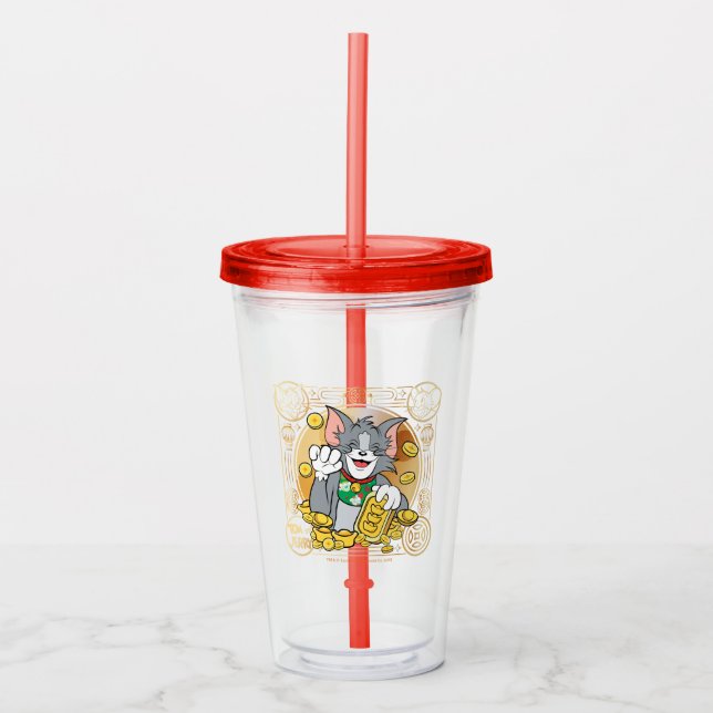 Vaso Acrílico Jerry Gato Suertudo Con Sistemas De Oro (Anverso)