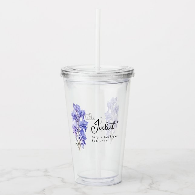 Vaso Acrílico Julio Mes de Nacimiento Flor Larkspur Personalizad (Anverso)