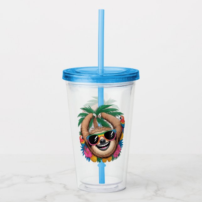 Vaso Acrílico Kawaii Tropical Sloth – Cute Summer Vibes Rainbow  (Anverso)