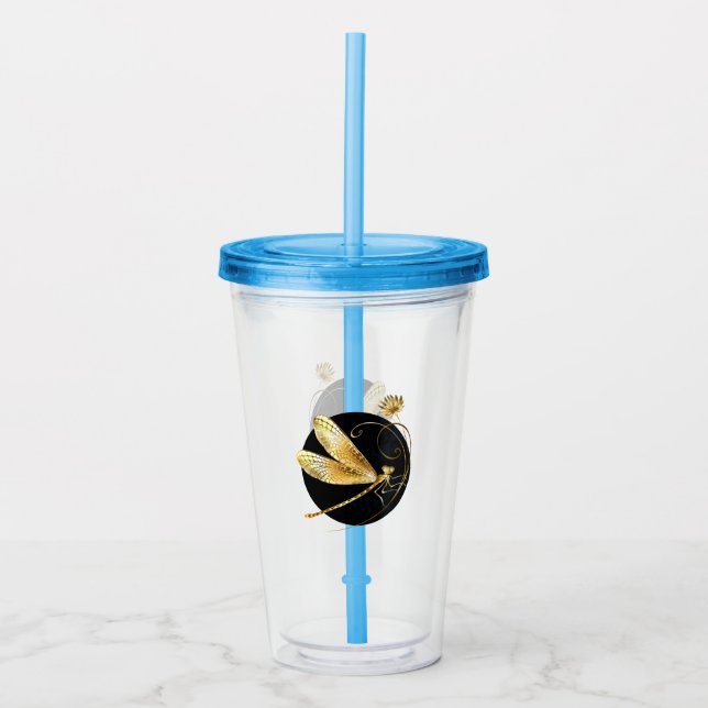 Vaso Acrílico La libélula dorada en círculo negro (Anverso)