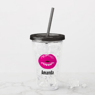 Vaso Acrílico Labios Rosa Caliente Ilustración Glamurosa