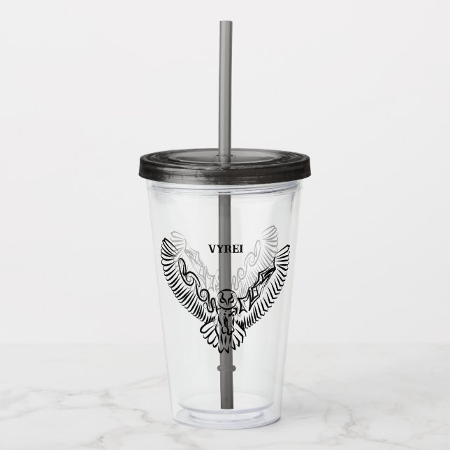 Vaso Acrílico Lechuza voladora tribal blanca y negra (Anverso)