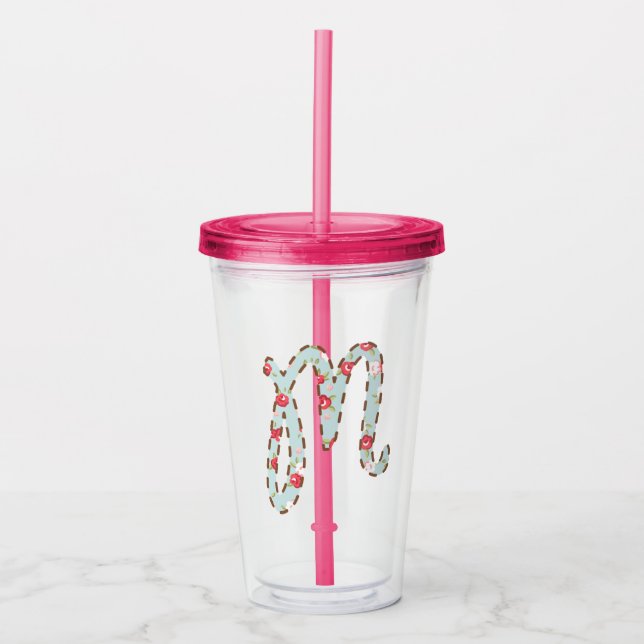Vaso Acrílico Letra mint rosada floral M (Anverso)