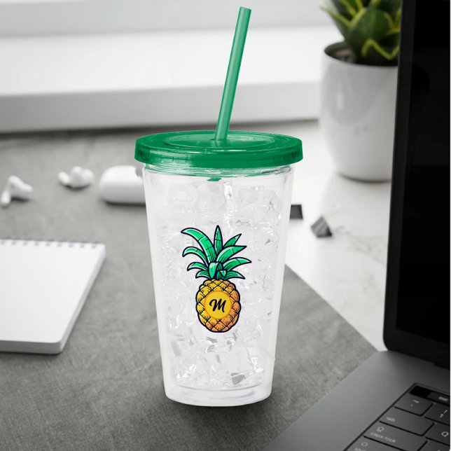 Vaso Acrílico Letra moderna de nombre personalizada verde piña (Modern personalized name letter pineapple)