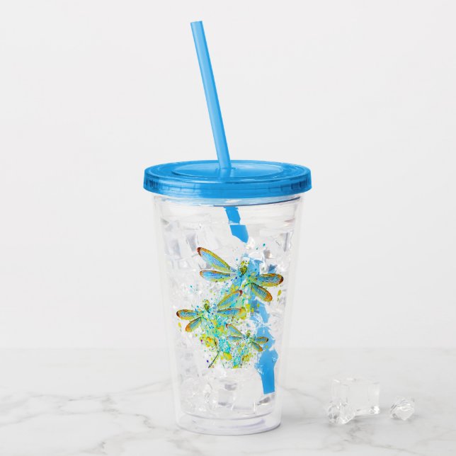 Vaso Acrílico Libélula teal salpicadura  (Anverso (hielo))
